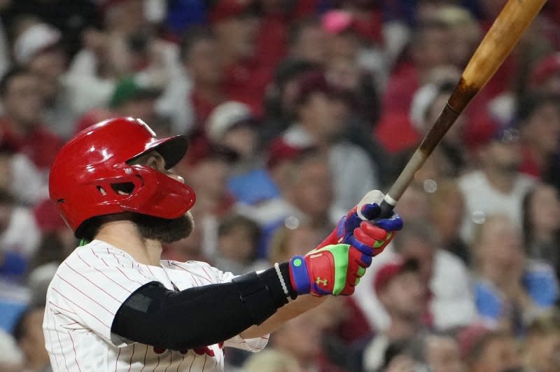 Philadelphia Phillies first baseman Bryce Harper recorded his first three-home run game since 2015 in a win over the Cincinnati Reds on Tuesday in Philadelphia. File Photo by Ray Stubblebine/UPI