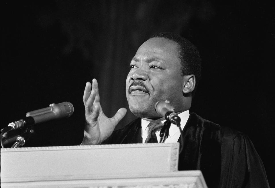 <p>Dr. Martin Luther King, Jr., left, who heads the Southern Christian Leadership Conference, addresses a capacity crowd from the pulpit at the National Cathedral in Washington, D.C., March 31,1968. (AP Photo/John Rous) </p>