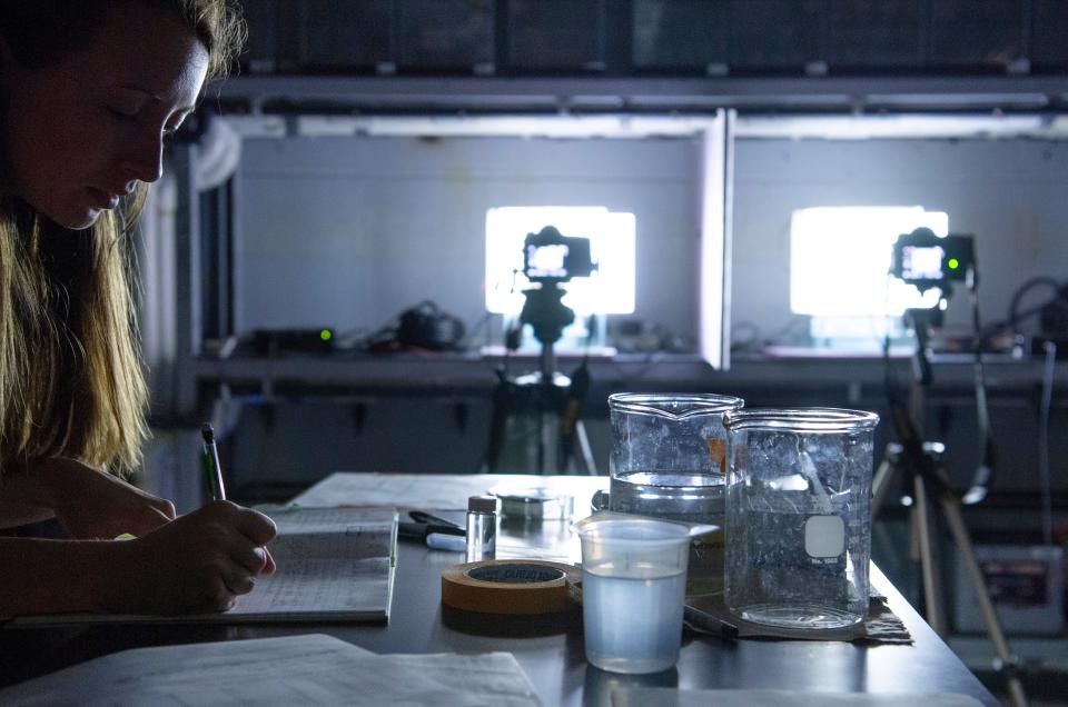 Cayla Carlson, fisheries technician, works in a dark lab two weeks each year during spawning season collecting data at the United States Geological Survey's Columbia Environmental Research Center in Columbia, Mo., Thursday morning, June 27, 2019. 