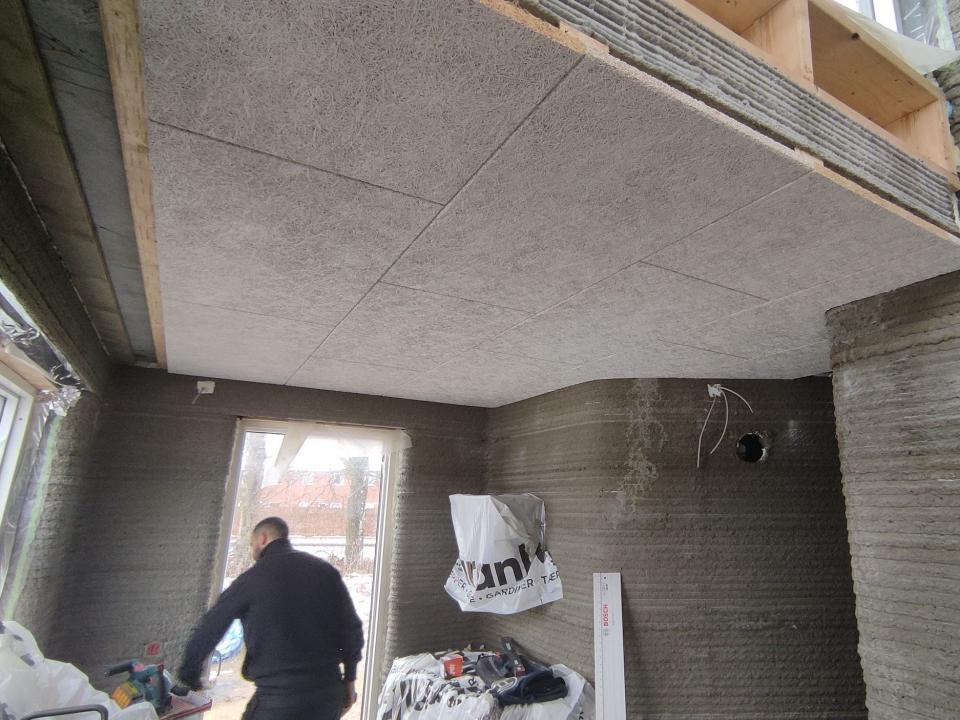 The inside of the 3D printed home under construction.