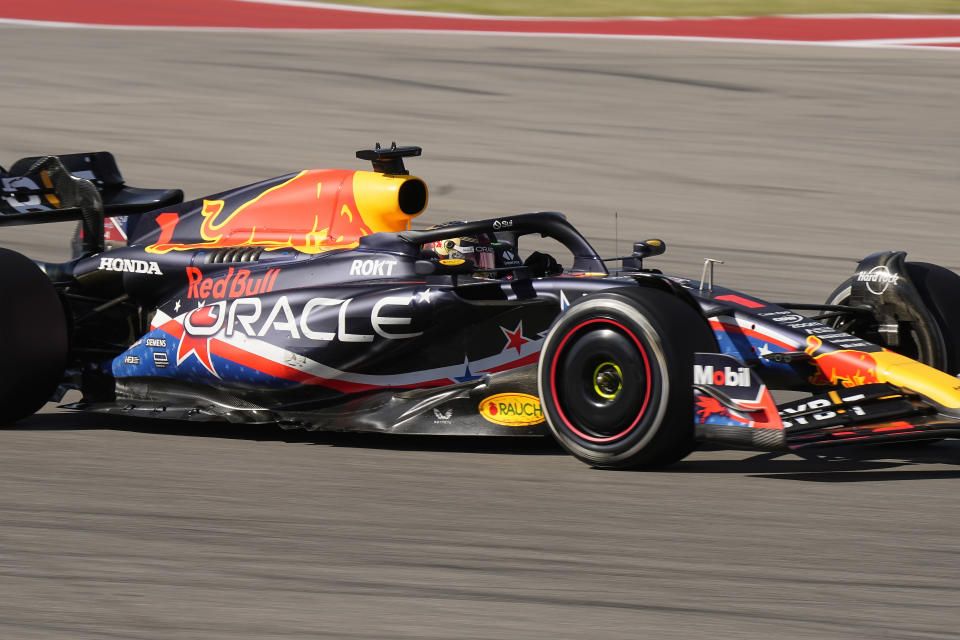 Red Bull driver Max Verstappen, of the Netherlands, drives during the Formula One U.S. Grand Prix auto race at Circuit of the Americas, Sunday, Oct. 22, 2023, in Austin, Texas. (AP Photo/Eric Gay)