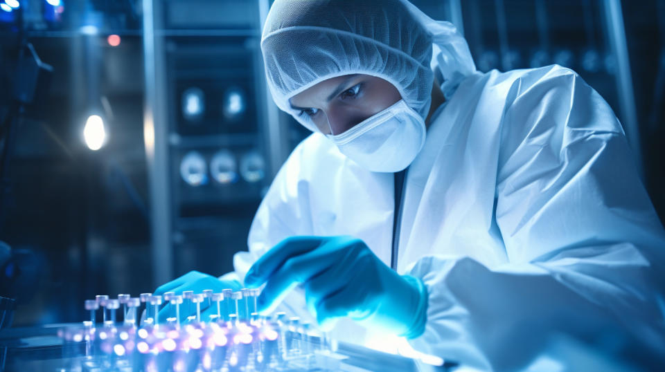 A biotechnologist in a lab suit studying a syringe with a mesenchymal lineage cells inside.