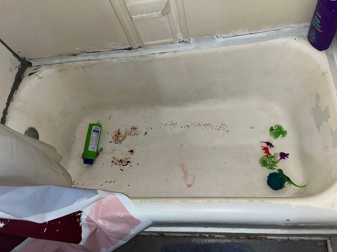 A bathtub in a rental unit on N. Forest Street is seen not properly sealed with paint peeling off it in Bellingham, Wash. The improper sealing caused water to leak through the bathroom wall and create mold growth in an adjoining closet area.