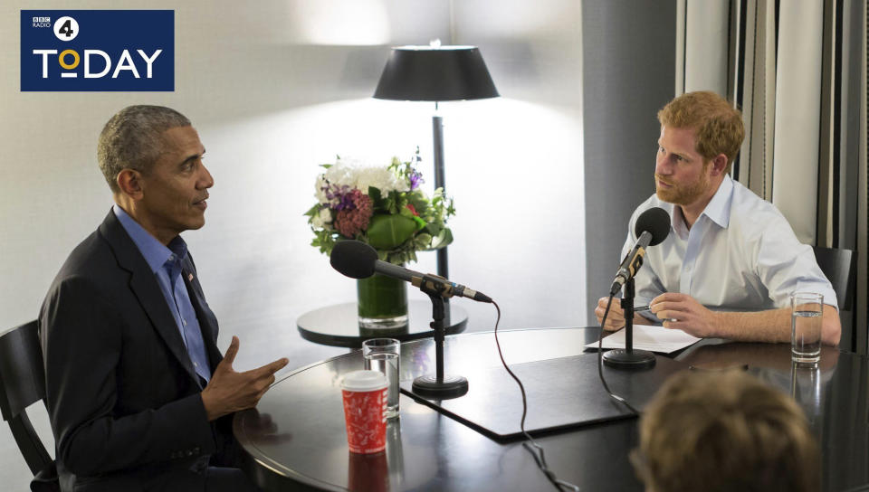 Former President of the United States Barack Obama, left is interviewed by Britain’s Prince Harry for the BBC Radio 4 Today program that he guest edited. Obama told Prince Harry in an interview broadcast Wednesday, Dec. 27, 2017, that he felt serene the day he left the White House despite the sense that much important work remained unfinished. (BBC Radio 4 Today/PA via AP)