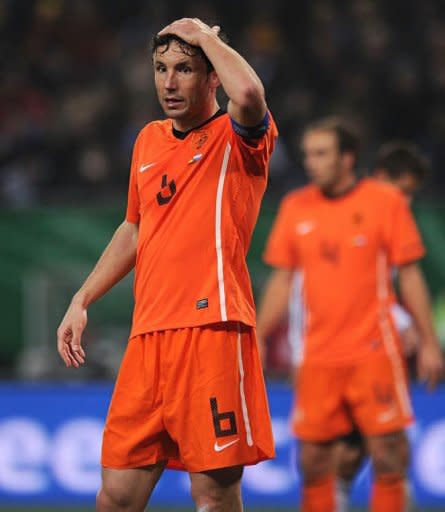 Dutch midfielder Mark van Bommel reacts after the friendly match of Germany vs the Netherlands in preparation for the Euro 2012 in Hamburg, northern Germany. Germany won the match 3-0