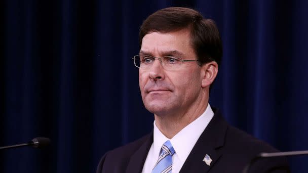 PHOTO: U.S. Defense Secretary Mark Esper holds a news conference at the Pentagon the day after it was announced that Abu Bakr al-Baghdadi was killed in a U.S. raid in Syria Oct. 28, 2019, in Arlington, Va. (Chip Somodevilla/Getty Images, FILE)