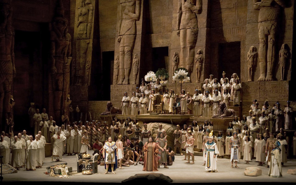 This image released by the Metropolitan Opera shows a performance from Verdi's "Aida" at the Metropolitan Opera in New York on Sept. 22, 2007. Sonja Frisell's staging of Verdi's `Aida' ends its 35-year-run at Metropolitan Opera on Thursday. A new version by Tony Award winner Michael Mayer is to open in 2024-25. (Marty Sohl/Metropolitan Opera via AP)