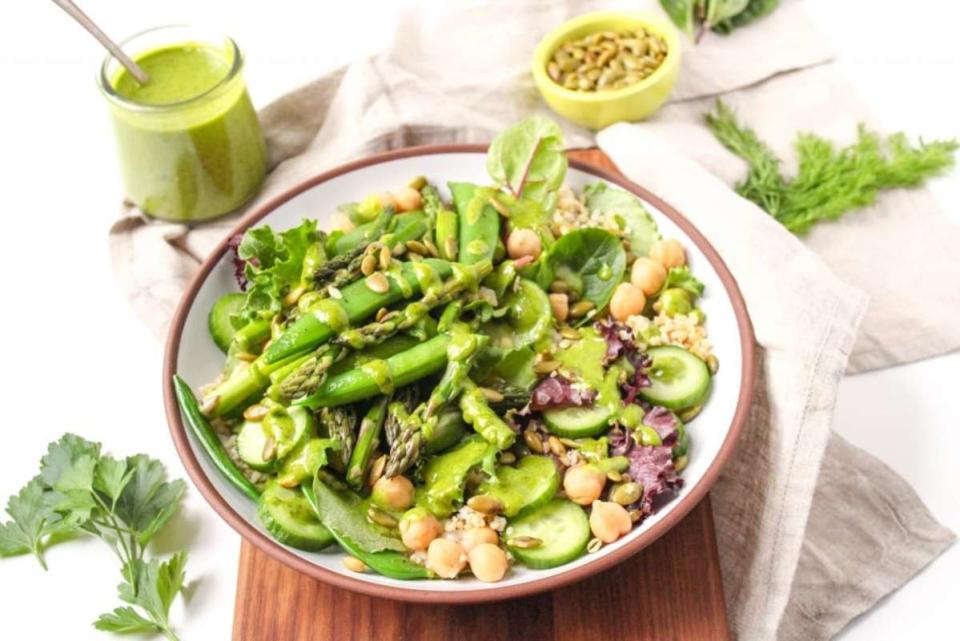 <p>Fannetastic Food</p><p>These veggie-licious green goddess bowls feature a raw honey vinaigrette that's totally crave-worthy! Filled with wholesome ingredients like asparagus, sugar snap peas, chickpeas, and bulgur for a nutritious, filling salad.</p><p><strong>Get the recipe: <a href="https://www.fannetasticfood.com/green-goddess-bowl-with-raw-honey-herb-vinaigrette/" rel="nofollow noopener" target="_blank" data-ylk="slk:Green Goddess Bowl with Raw Honey Herb Vinaigrette;elm:context_link;itc:0;sec:content-canvas" class="link ">Green Goddess Bowl with Raw Honey Herb Vinaigrette</a></strong></p>