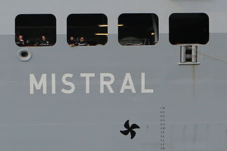 French amphibious assault ship Mistral arrives at Japan Maritime Self-Defense Force's Sasebo naval base in Sasebo, Nagasaki prefecture, Japan April 29, 2017, ahead of joint exercises with U.S., British and Japanese forces in waters off Guam. REUTERS/Nobuhiro Kubo