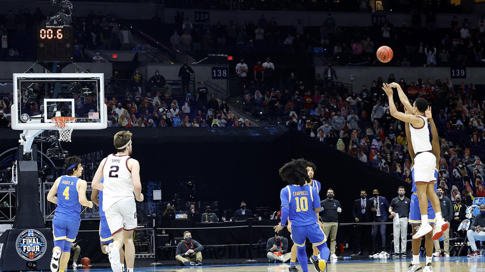 Gonzaga's Jalen Suggshit this game-winning three in overtime to defeat the UCLA Bruins 93-90 in the 2021 NCAA Final Four. (Photo by Tim Nwachukwu/Getty Images)