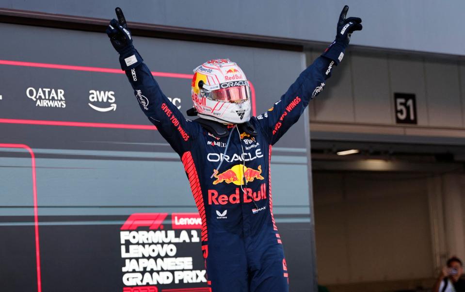 Suzuka Circuit, Suzuka, Japan - Red Bull Racing's Max Verstappen celebrates after winning the Japanese Grand Prix on September 24, 2023