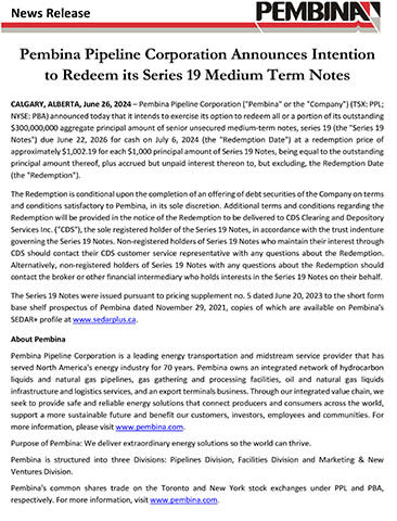 Pembina Pipeline Corporation Announces Intention to Redeem its Series 19 Medium Term Notes