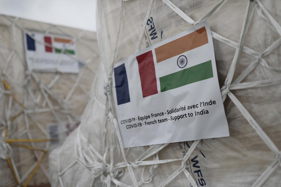 Medical supplies and relied materials to be sent to India are pictured at Roissy airport, north of Paris, Saturday, May 1, 2021. France sends oxygen respiratory equipment and generators to India to help the country deal with the serious COVID-19 crisis. (AP Photo/Lewis Joly, Pool)