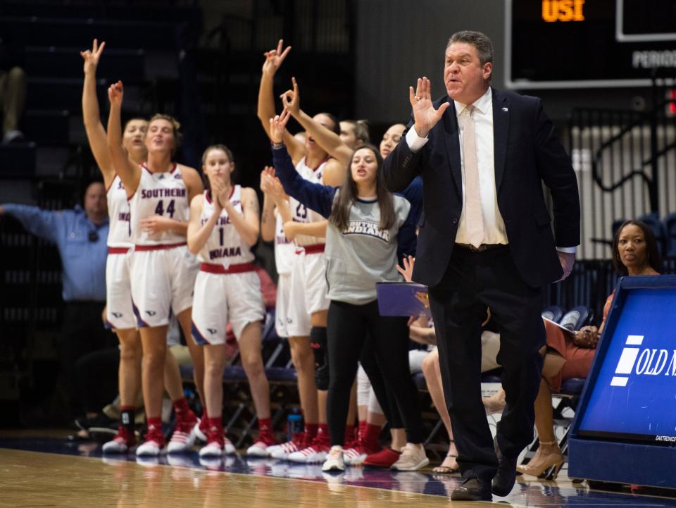 Southern Indiana Head Coach Rick Stein calls a play as the University of Southern Indiana Screaming Eagles play the Southeast Missouri State Redhawks at Screaming Eagles Arena in Evansville, Ind., Thursday, Dec. 29, 2022. 