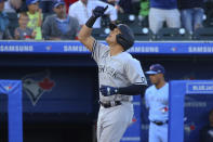 New york Yankees Gio Urshela celebrates his two-run home run during the third inning of the team's baseball game against the Toronto Blue Jays, Thursday, June 17, 2021, in Buffalo, N.Y. (AP Photo/Jeffrey T. Barnes)