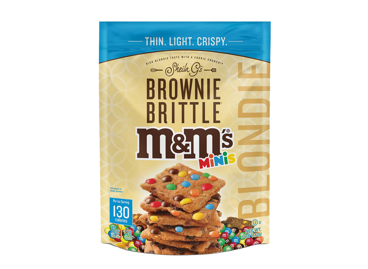 a bag of brownie brittle m & m minis on a white backgound.