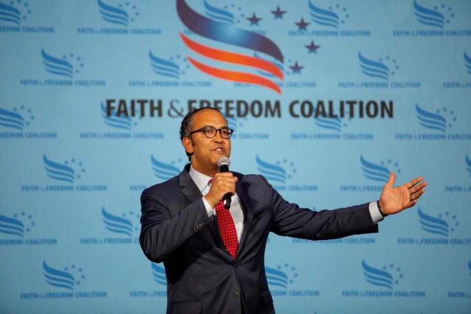 Former US Republican Will Hurd, R-Tex, speaks during the Iowa Faith and Freedom Coalition's Road to Victory Conference at the Horizon Events Center in Clive, Iowa, on April 22, 2023.