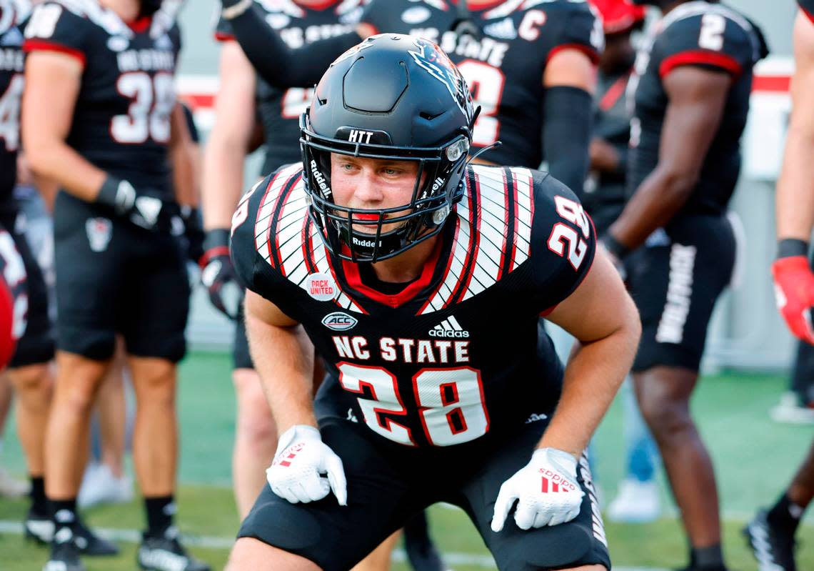 N.C. State linebacker Ari Bowles (28) prepares to run a drill before the Wolfpack’s game against Texas Tech at Carter-Finley Stadium in Raleigh, N.C., Saturday, Sept. 17, 2022.