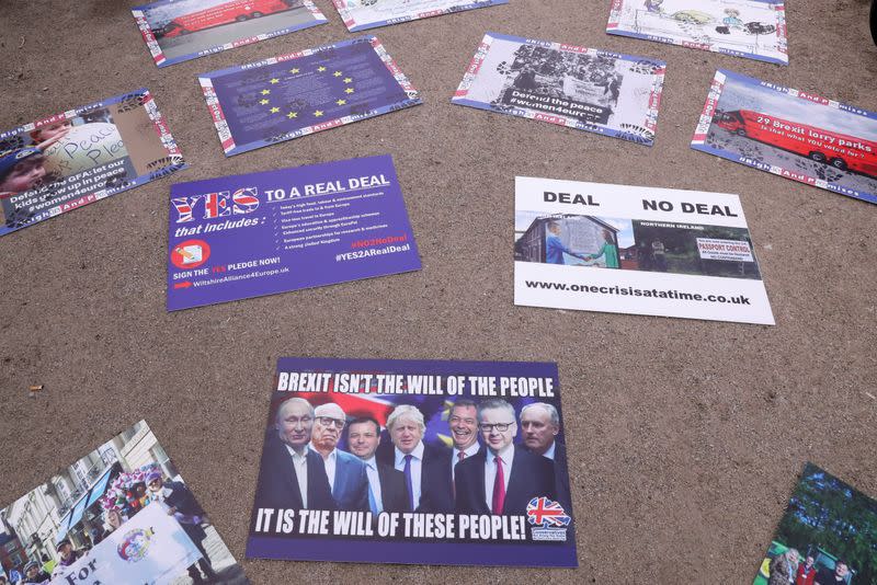 Anti-Brexit placards lay on the ground, ahead of a European Union leaders summit, in Brussels