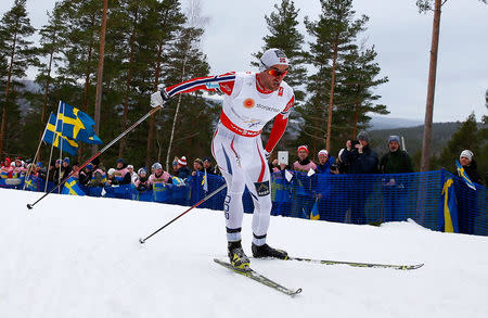 FILE PHOTO: Petter Northug of Norway competes in the men's 15 km free individual race at the Nordic World Ski Championships in Falun February 25, 2015. REUTERS/Kai Pfaffenbach/File photo