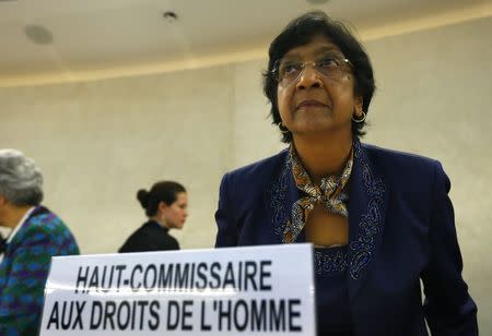 U.N. High Commissioner for Human Rights Navi Pillay arrives for the 21st Special Session of the Human Rights Council on the human rights situation in the Palestinian Territories at the United Nations Office in Geneva July 23, 2014. REUTERS/Denis Balibouse
