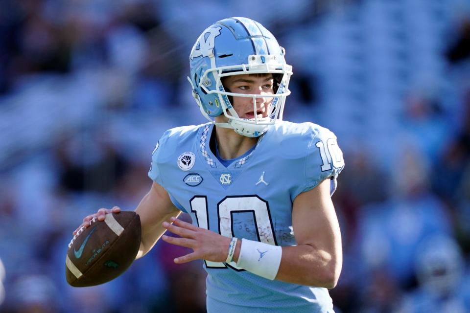 Drake Maye looks to throw during the second half of North Carolina’s victory against Wofford in November.