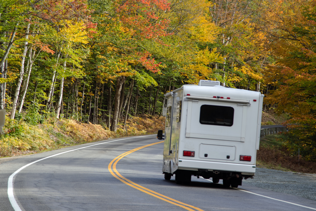 RV on Kancamagus Highway Near Lincoln, New Hampshire During Early Autumn