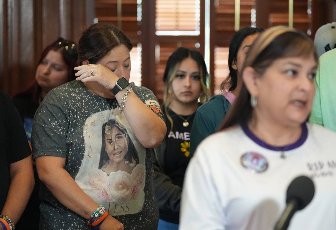 Veronica Mata, mother of Uvalde school shooting victim Tess Mata, cries at a news conference at the Capitol on Tuesday May 2, 2023, to demand action on raising the minimum age to buy AR-15-style guns to 21 years old.
