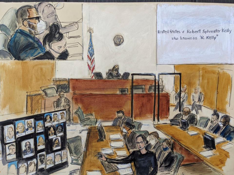 In this illustration drawn from a video feed, Assistant U.S. Attorney Elizabeth Geddes, bottom, presents her closing statement to the jury, pointing to a large panel of photos of R. Kelly's inner circle and employees on Sept. 22 in New York. R. Kelly is depicted at the defense table in inset on upper left.