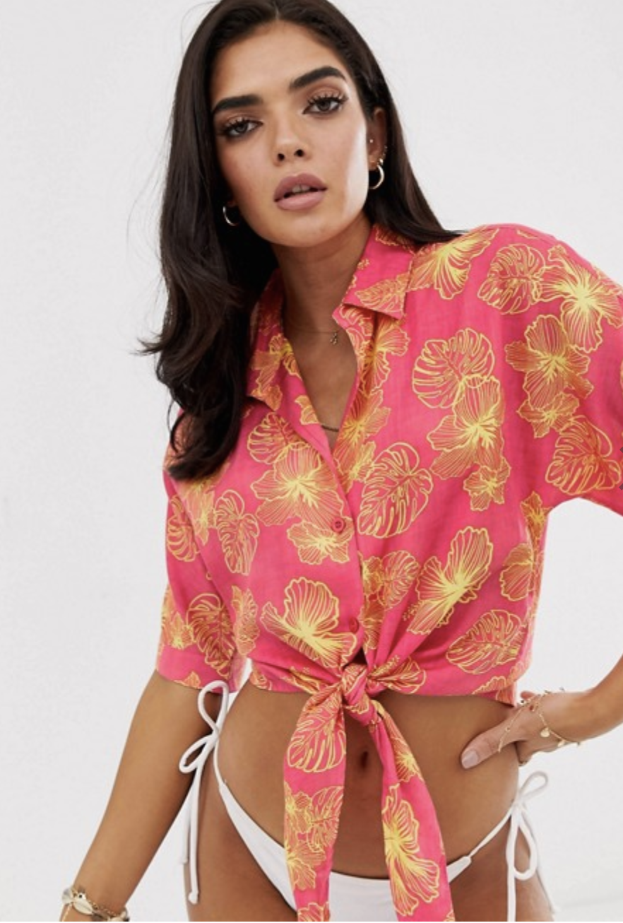 Sketchy Floral Hawaiian Print Tie Front Beach Shirt