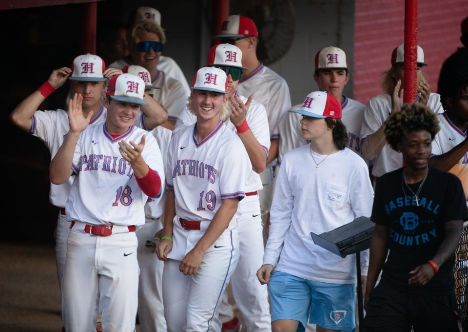 May 6, 2022; Tuscaloosa, AL, USA;  The Hillcrest High dugout celebrates after a teammate scored against Stanhope Elmore at Hillcrest High School. Hillcrest won the first game of the Friday double header 8-6. Mandatory Credit: Gary Cosby Jr.-The Tuscaloosa News