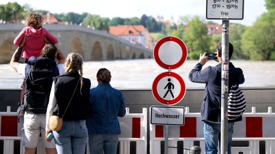 Menschen schauen sich in der Altstadt am Donauufer hinter einer Schutzwand das Hochwasser an (Bild: Sven Hoppe/dpa)