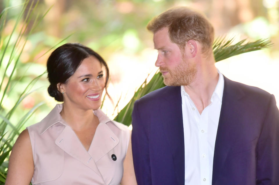 JOHANNESBURG, SOUTH AFRICA - OCTOBER 02: Prince Harry, Duke of Sussex and Meghan, Duchess of Sussex visit the British High Commissioner's residence to attend an afternoon Reception to celebrate the UK and South Africa’s important business and investment relationship, looking ahead to the Africa Investment Summit the UK will host in 2020.  This is part of the Duke and Duchess of Sussex's royal tour to South Africa. on October 02, 2019 in Johannesburg, South Africa. (Photo by Samir Hussein/WireImage)