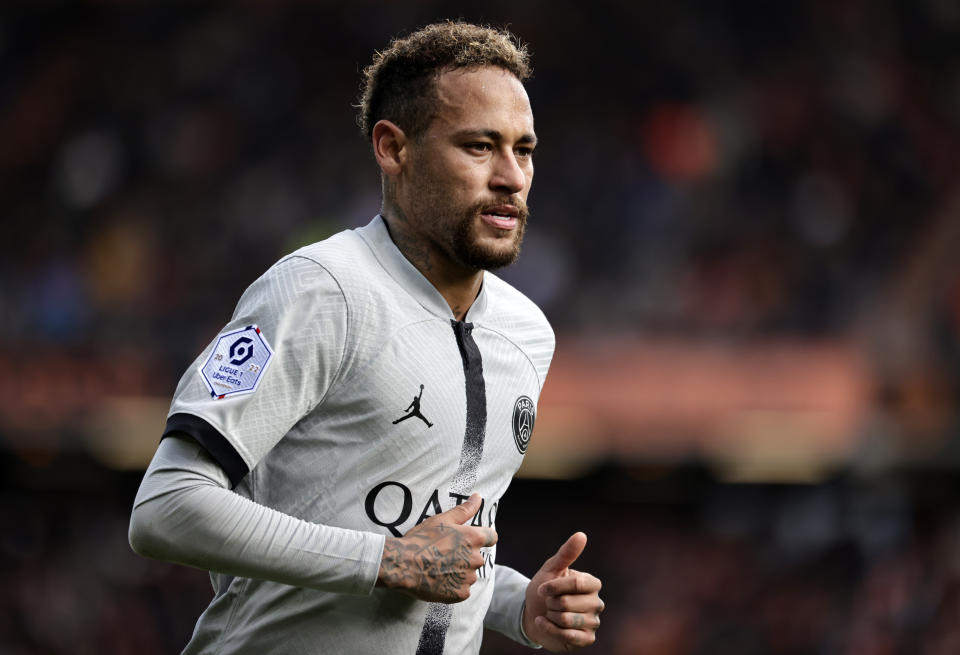 PSG's Neymar runs during the French League One soccer match between FC Lorient and Paris Saint-Germain at the Moustoir stadium in Lorient, western France, Sunday, Nov. 6, 2022. (AP Photo/Jeremias Gonzalez)