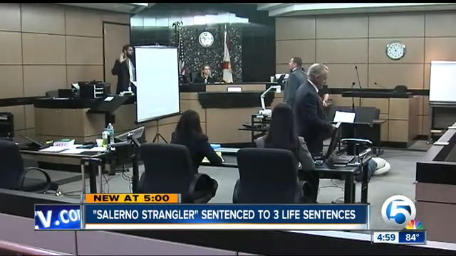 Several people in a courtroom with one person, labeled as the "Salerno Strangler," sentenced to three life terms