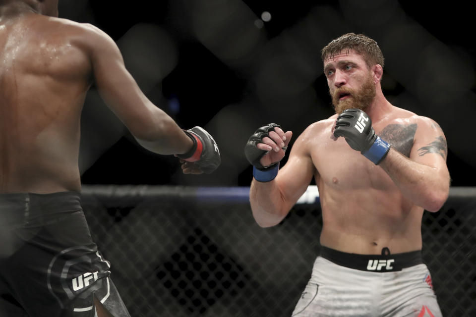 Gerald Meerschaert in action against Kevin Holland during their mixed martial arts bout at UFC Fight Night, Saturday, March 30, 2019, in Philadelphia. Holland won via decision. (AP Photo/Gregory Payan)