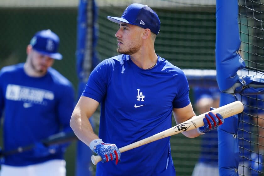 Los Angeles Dodgers' Cody Bellinger waits his turn during batting practice.