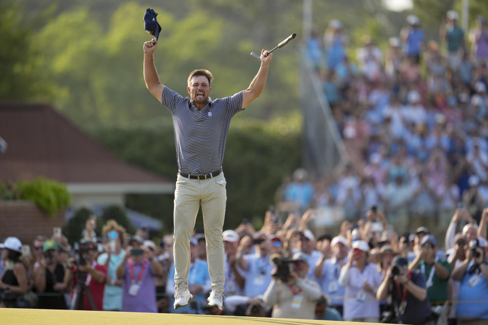 Bryson DeChambeau celebrates after winning the U.S. Open golf tournament Sunday, June 16, 2024, in Pinehurst, N.C. (AP Photo/George Walker IV)