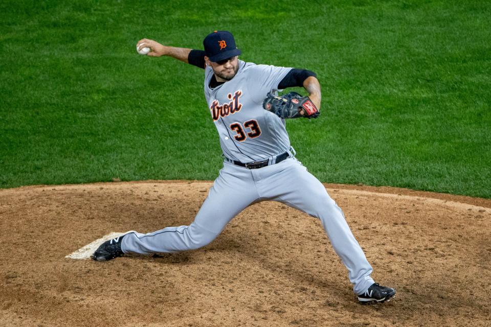 Detroit Tigers reliever Bryan Garcia delivers a pitch in the 10th inning against the Minnesota Twins at Target Field, Sept. 22, 2020.