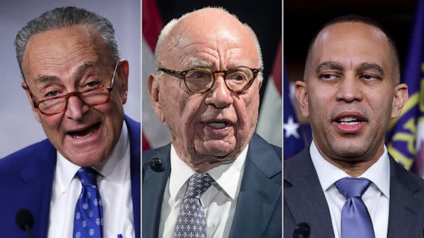 PHOTO: From left, Senate Majority Leade Chuck Schumer, Chairman of Fox Corp. Rupert Murdoch, and House Minority Leader Hakeem Jeffries. (Getty Images, AP)