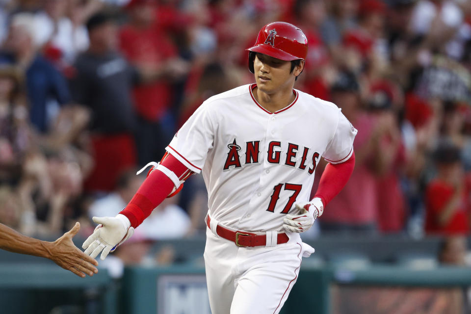 Shohei Ohtani rounds third base after hitting a home run during the first inning of a game against the Seattle Mariners on Sept. 15, 2018. (AP)