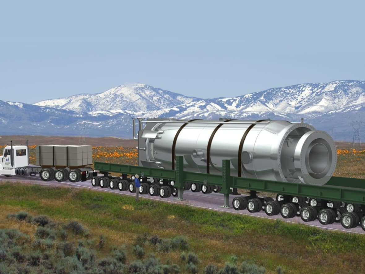 An illustration shows a NuScale Power Module on a truck. Many small modular reactors are designed to be small enough to transport by truck or by shipping container. (NuScale Power - image credit)