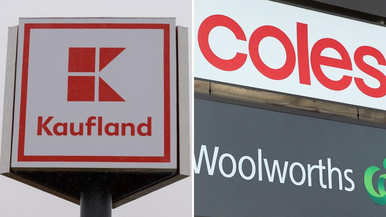 Pictured: Coles, Woolworths and Kaufland logos. Images: Getty