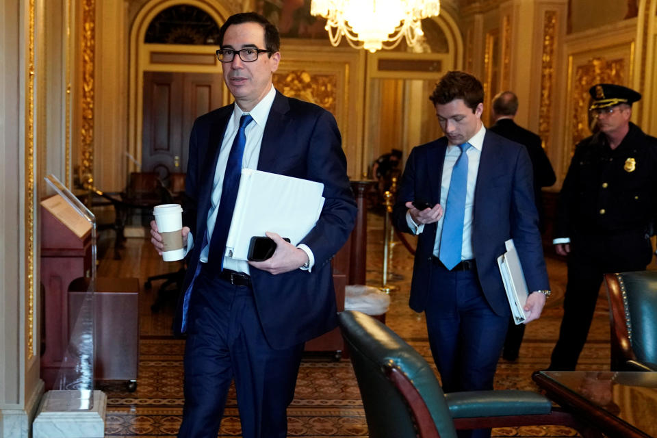 U.S. Secretary of the Treasury Mnuchin walks from a meeting for a coronavirus relief package in Washington