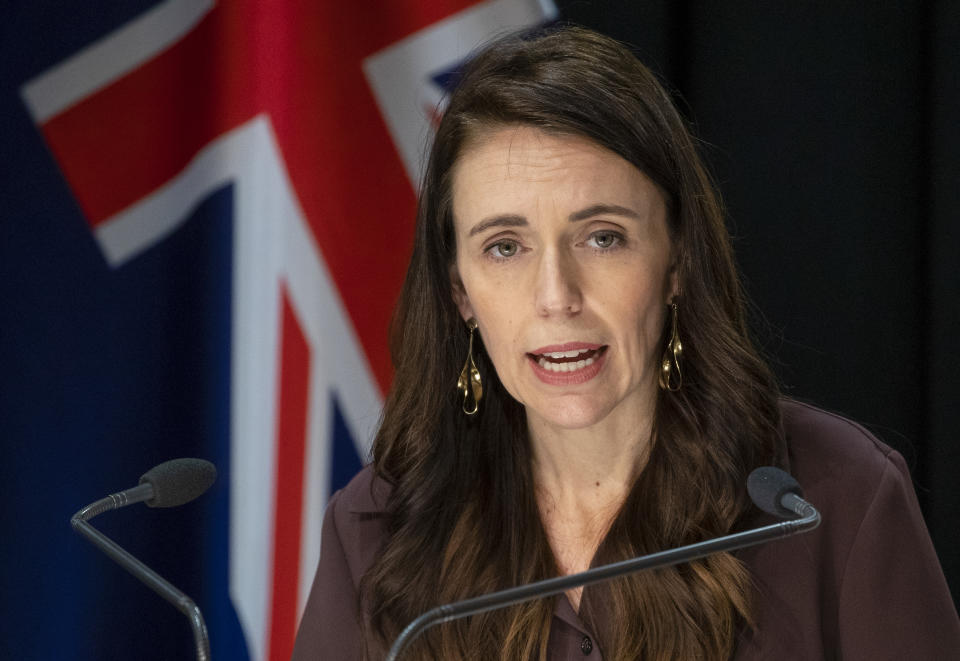 New Zealand Prime Minister Jacinda Ardern addresses a post-Cabinet press conference at Parliament in Wellington, New Zealand, Monday, Nov. 8, 2021. The lockdown of New Zealand's largest city is likely to end later this month, with some coronavirus restrictions eased from Tuesday, Prime Minister Jacinda Ardern said. (Mark Mitchell/Pool Photo via AP)