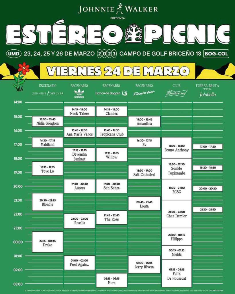 Programación para el segundo día del Festival Estéreo Picnic 2023. Imagen tomada de Instagram @festereopicnic