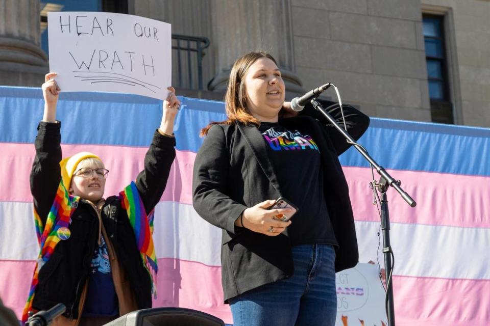 McKenzie Roller, organizer of a student-led protest against SB150 which would ban gender-affirming health care for transgender teens, speaks to a crowd gathered in front of the Kentucky Capitol Annex building, March 29, 2023.