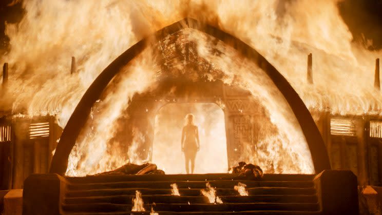 She’s not called the Unburnt for nothing. Daenerys re-earned that title after her capture by the Dothraki. When the khals gathered to decide her fate, she turned the proceedings around on them. She decided their fates -- death by fire. She declared that only she was fit to lead the Dothraki and then set the hut ablaze, emerging unharmed and triumphant. --Kelly Woo(Credit: HBO)