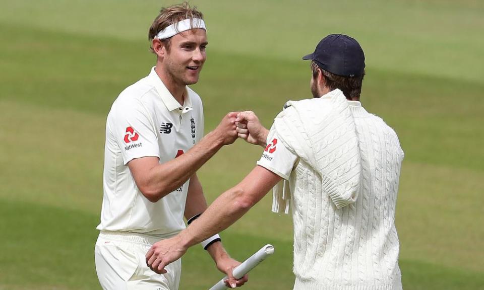 Stuart Broad celebrates after winning the third Test against West Indies last July – the day he reached 500 Test wickets.