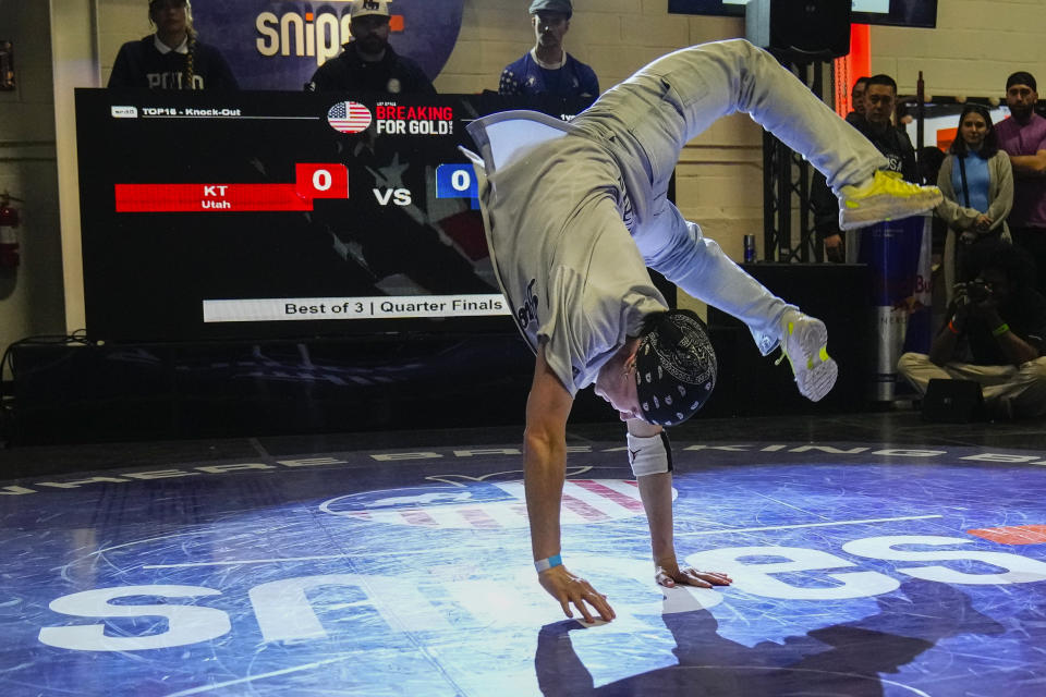 B-Girl Mantis competes during the quarterfinal round in a Breaking for Gold Big Apple breakdancing regional competition Saturday, April 22, 2023, in the Brooklyn borough of New York. The hip-hop dance form makes its official debut at the Paris Games in 2024. (AP Photo/Frank Franklin II)